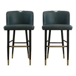 Set of 2 Superior Seating Hospitality Teal Kravet Vinyl Barstools For Sale