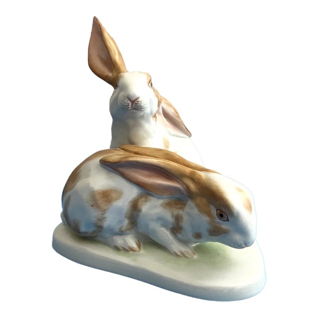 Vintage Herend Hungary White & Brown Easter Bunny Porcelain Figurine For Sale