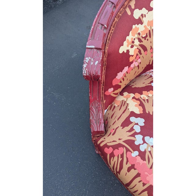 Ruby Red Vintage French Louis XVI Style Carved Fruitwood Settee For Sale - Image 8 of 8