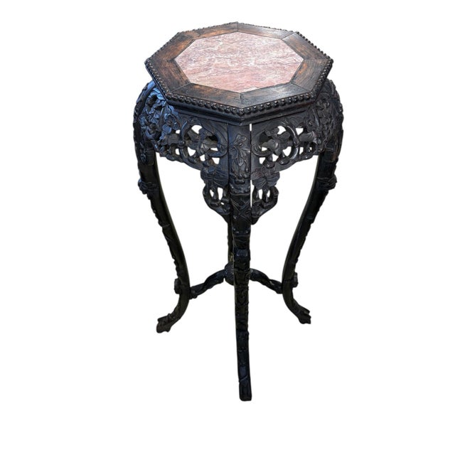 Wood 19th Century Chinese Rosewood Carved Tall Pedestal Stand Table Marble Top35.5" H For Sale - Image 7 of 9