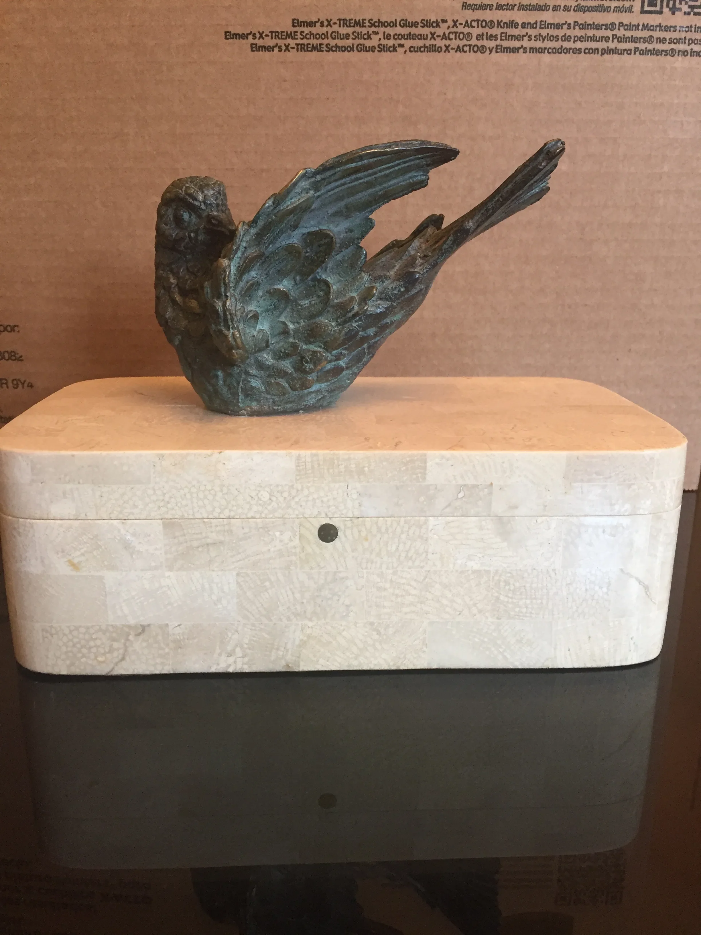 Maitland Smith Tessellated Stone Box With Bronze Bird Finial