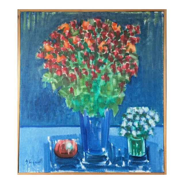 Mid-Century Modern 'Floral by Blue' Vintage Original Swedish Still Life Oil Painting, Framed For Sale