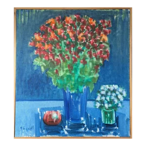 Mid-Century Modern 'Floral by Blue' Vintage Original Swedish Still Life Oil Painting, Framed