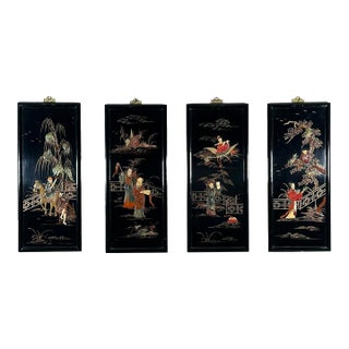 Vintage Chinese Black Lacquer and Inlaid Soapstone Wall Panels Set of Four For Sale
