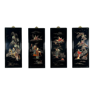 Vintage Chinese Black Lacquer and Inlaid Soapstone Wall Panels Set of Four