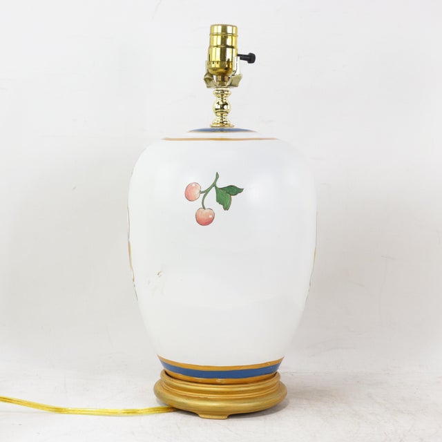 Chinoiserie Vintage Hand-Painted Ceramic Table Lamps With Chinoiserie Parrots and Cherry Motif - a Pair For Sale - Image 3 of 14