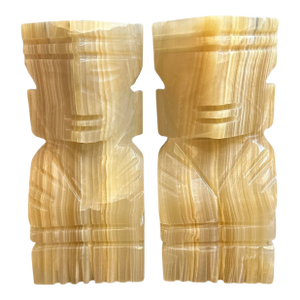 Vintage Carved Mexican Aztec Mayan Figure Onyx Stone Bookends - A Pair