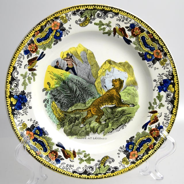 Set of four antique French Creil plates from circa 1830, embellished with black tranfer designs depicting hunting scenes...