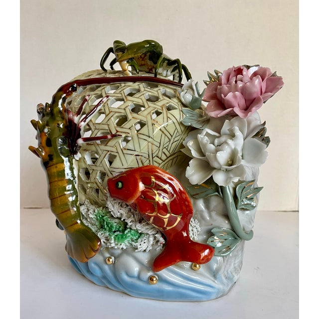 Mid-Century Chinese Porcelain Sea Life Openwork Basket Sculpture For Sale - Image 12 of 12