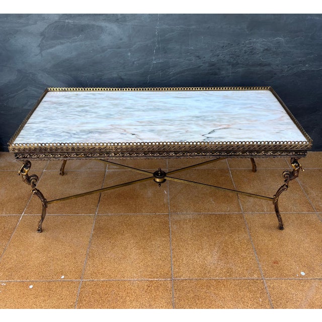 Metal Neoclassical Bronze and Marble Coffee Table with Swan Motifs, 1940s For Sale - Image 7 of 13