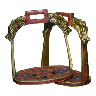 Pair of Antique Cloisonné Enamel Stirrups With Dragon Motif, 1.43kg For Sale