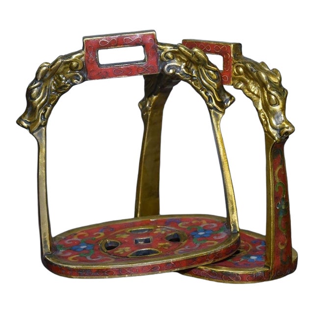 Pair of Antique Cloisonné Enamel Stirrups With Dragon Motif, 1.43kg For Sale
