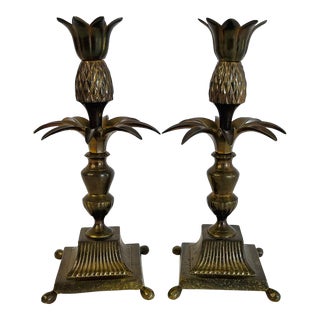 Vintage Hollywood Regency Style Brass Pineapple Candleholders, Pair For Sale