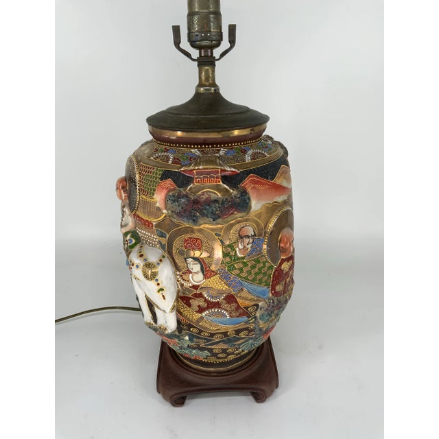 Japanese Antique Japanese Satsuma Lamp With Hight Relief Decoration For Sale - Image 3 of 11