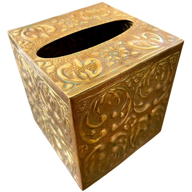 Art Nouveau Vintage Solid Brass Embossed Floral Tissue Box Cover – Arts & Crafts, Art Nouveau, Boho For Sale - Image 3 of 8
