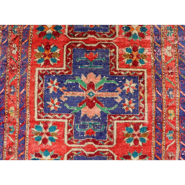 Vintage Caucasian Kazak Rug With Cross Medallions in Red and Blue 4'8 X 8'2 For Sale - Image 9 of 15