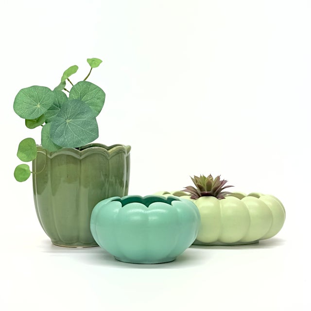 Mixed Green planters, group of 3. A stunning set of scalloped and fluted ceramic green planters in a mint, sage, and light...