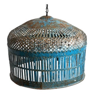 Vintage Blue Iron Cage Pendant Light For Sale