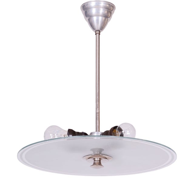 Bauhaus Chandelier in Chrome, Steel and Frosted Glass, Czech, 1930s For Sale