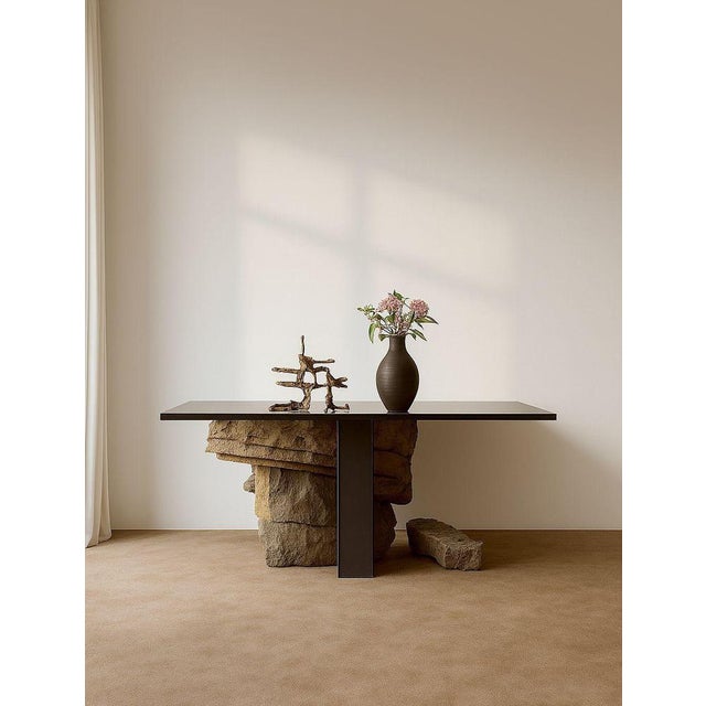 Contemporary Vulcano Dining Table in Volcanic Stone with Steel and Glass by Marsica Fossati For Sale - Image 3 of 8