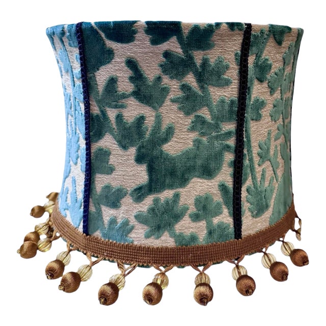 Designer Covington Teal Bunny Velvet Drum Lampshade With Beaded Fringe- It Glows For Sale