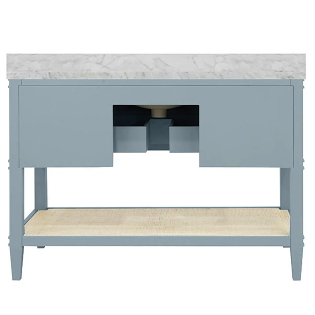Worlds Away Matthew Izzo Home Cutler Light Blue Matte Lacquer Single Sink, Two Drawer Bath Vanity With Open Can Shelf and Brass Drawer Pulls For Sale - Image 4 of 7