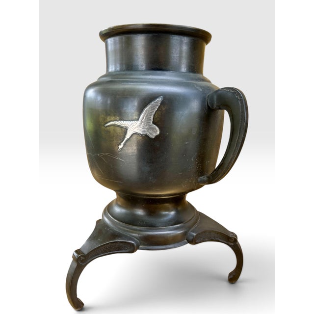 Japanese Antique Japanese Bronze Usubata Vase – Meiji Period, Crane and Bamboo Inlay. For Sale - Image 3 of 9