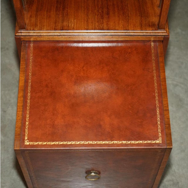 Flamed Hardwood & Brown Leather Sliding Book Tables, Set of 2 For Sale - Image 14 of 18