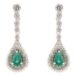 Luxury Pear Cut Zambian Emerald & Diamond Halo Drop Earrings in 14k White Gold- A Pair For Sale