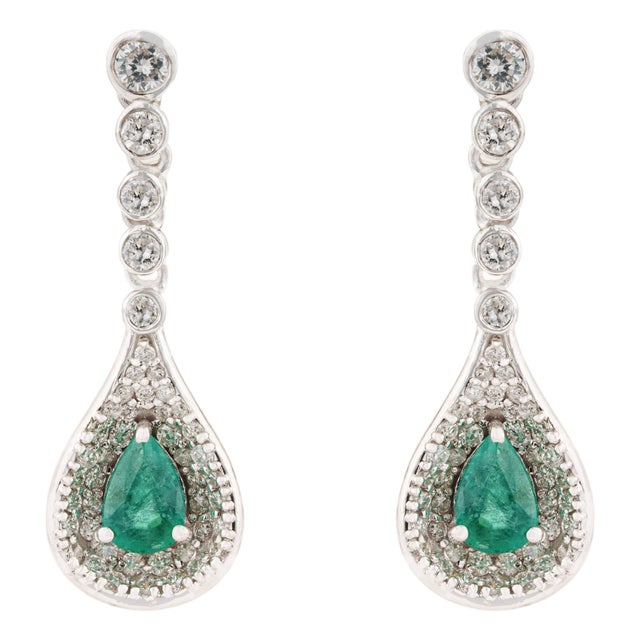 Luxury Pear Cut Zambian Emerald & Diamond Halo Drop Earrings in 14k White Gold- A Pair For Sale