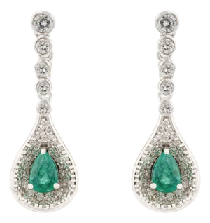 Luxury Pear Cut Zambian Emerald & Diamond Halo Drop Earrings in 14k White Gold- A Pair
