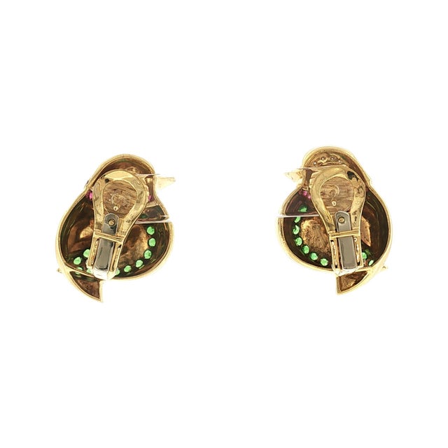 Contemporary Late 20th Century 18k Yellow Gold Tsavorite, Ruby and Diamond Bird Earrings, A Pair For Sale - Image 3 of 5