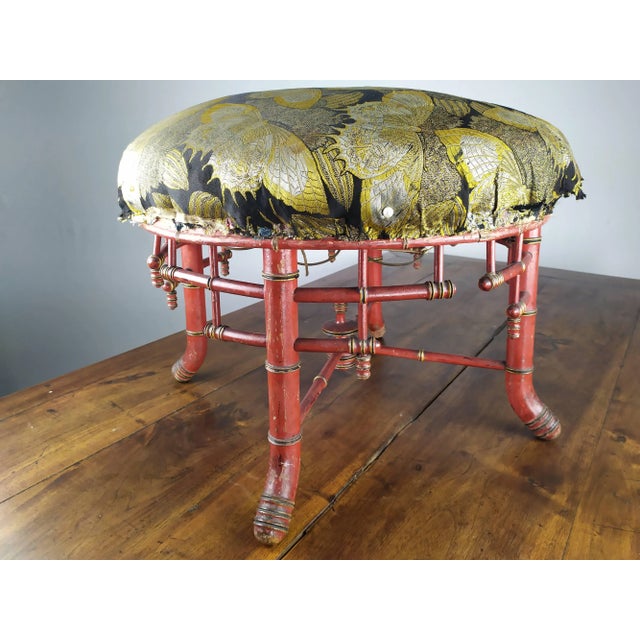 Pouf in lacquered oak imitation bamboo, Napoleon III period. Fabric butterflies of the house prelle. Wear and tear. Needs...