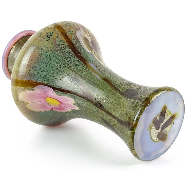 Olive Vintage Murano Large Pink Flowers on Green Opalescent Chalcedony Technique Italian Art Glass Decorative Vase For Sale - Image 8 of 9