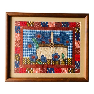 Vintage Farm House Style Handmade Costume Framed Needlepoint Wall Art For Sale