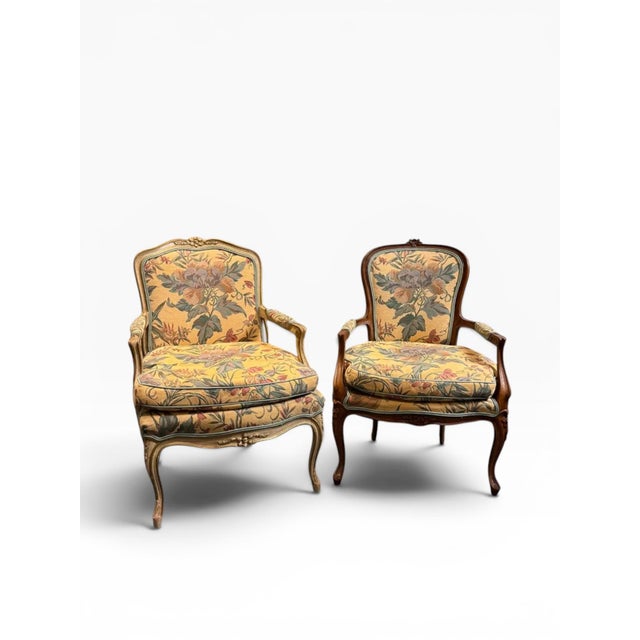 French Provincial Pair of “His & Hers” French Provincial Bergère Chairs, 1960s For Sale - Image 3 of 15