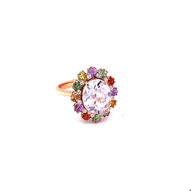 Contemporary 5.60 Carat Kunzite Sapphire Diamond 14 Karat Rose Gold Cocktail Ring, Size 7 For Sale - Image 3 of 5