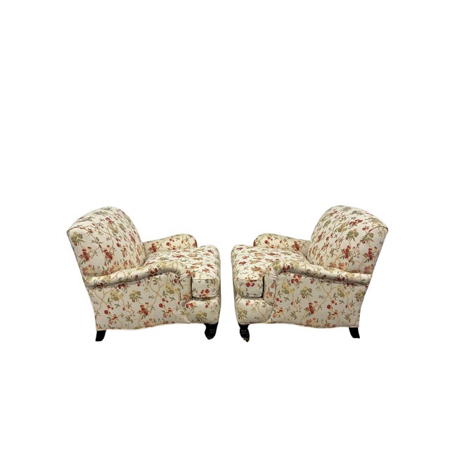 English Pair of Lee Industries Floral Upholstered Lounge Chairs With Brass Casters For Sale - Image 3 of 12