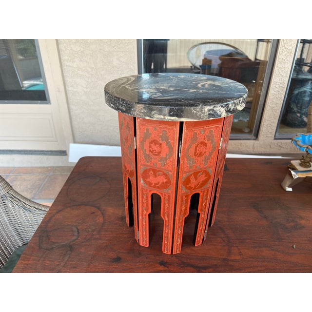 Folk Art Vintage Black Marble Top & BoHo Asian Red Lacquered Wood Base Tabouret Table For Sale - Image 3 of 6