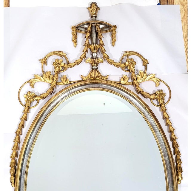 Neoclassical Share Vintage Italian 20th C Carved Wood Parcel Gilt & Silver Oval Wall Mirror For Sale - Image 3 of 15