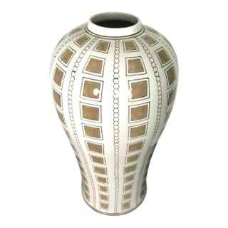 18” Tall Mid Century Modern Cream and Brown Ceramic Vase For Sale