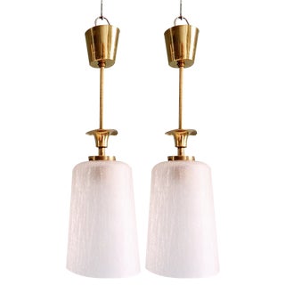 Mid-Century Pendant Lights in Brass and Clear Crackled Glass, 1950s, Set of 2 For Sale