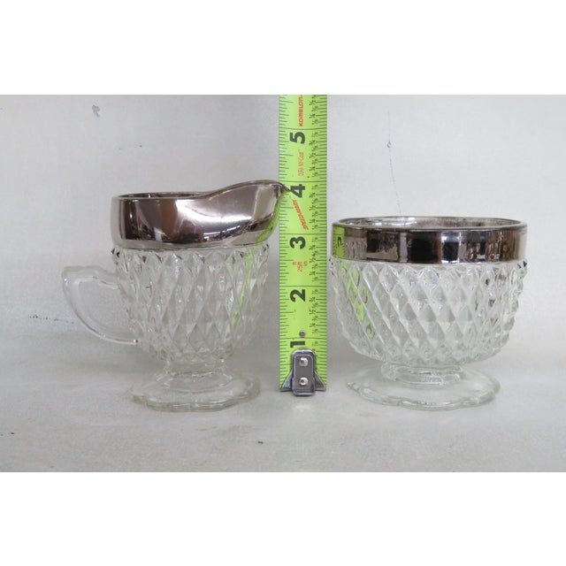 Mid 20th Century Mid 20th Century Indiana Diamond Point Creamer Sugar Bowl Set Clear Glass Silver Tone Rim 4538b For Sale - Image 5 of 12