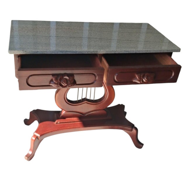 Wood Vintage Victorian Lyre Base Foyer Console Table With Granite/Marble Top For Sale - Image 7 of 12