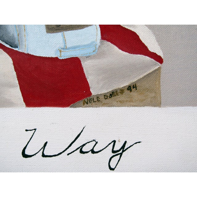 Blue 1994 “The American Way” Oil on Canvas, Signed Nele Dobes — Framed Americana Still-Life (25.5" × 19.5") For Sale - Image 8 of 12