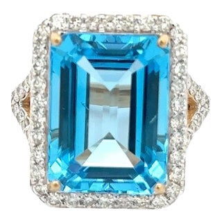 14k Yellow Gold 15.41 CTW Blue Topaz Halo Diamond Cocktail Ring Size 7 For Sale