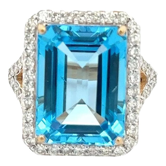 14k Yellow Gold 15.41 CTW Blue Topaz Halo Diamond Cocktail Ring Size 7 For Sale