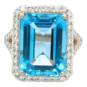 14k Yellow Gold 15.41 CTW Blue Topaz Halo Diamond Cocktail Ring Size 7