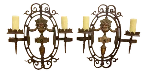 Pair of Antique French Polychromed Wrought and Cast Iron Wall Sconces