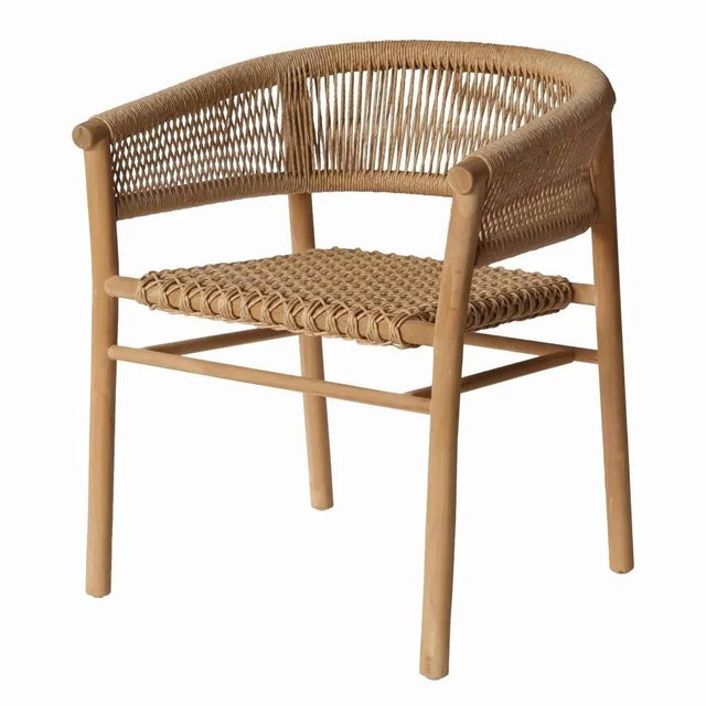 The Calais Teak Framed Patio Dining Chair combines weather-resistant plantation teak construction with hand-woven poly...